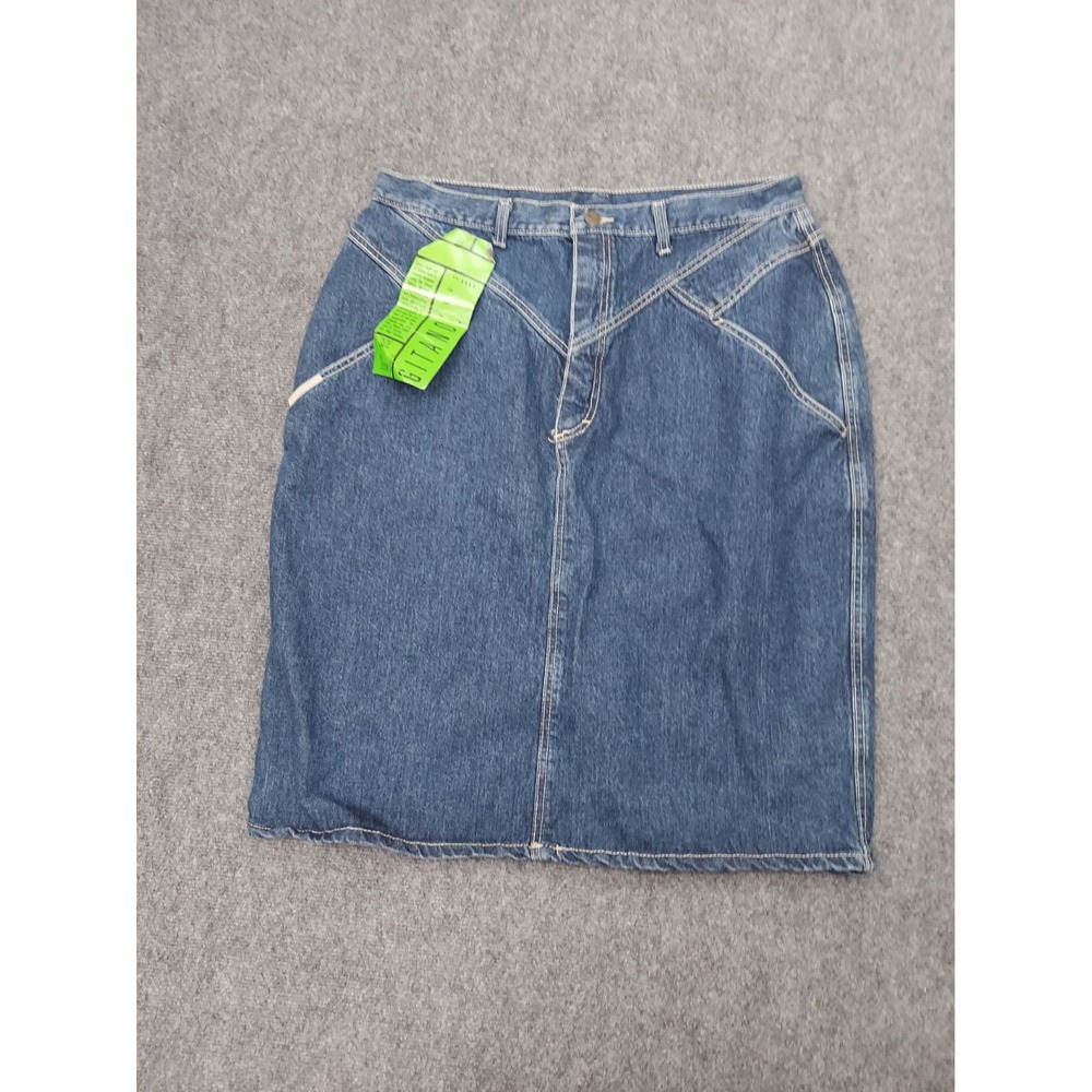 Vtg 80s Gitano Denim Skirt 22W Blue Plus Knee Length Yoke Back Slit Retro NWT